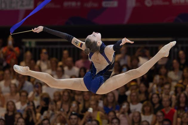 Rhythmic Gymnastics World Championships: Darja Varfolomeev of Germany during her ribbon routine. Rhythmic Gymnastics World Championships, August 11–16 at the Festhalle in Frankfurt am Main. Individual All-Around Final, places 1 through 9, Frankfurt am Main, Hesse, Germany, Festhalle