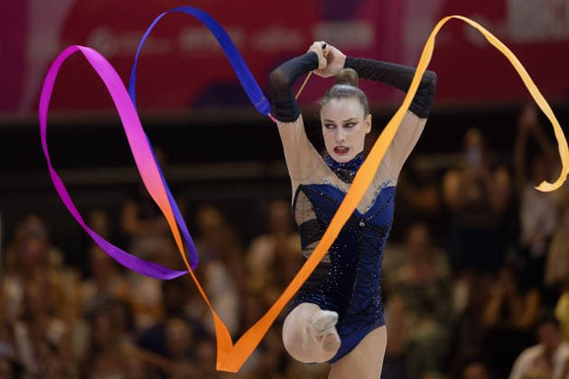 Rhythmic Gymnastics World Championships: Darja Varfolomeev of Germany during her ribbon routine. Rhythmic Gymnastics World Championships, August 11–16 at the Festhalle in Frankfurt am Main. Individual All-Around Final, places 1 through 9, Frankfurt am Main, Hesse, Germany, Festhalle