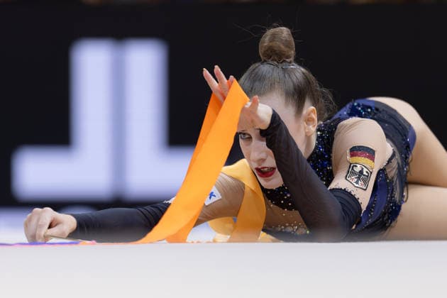 Rhythmic Gymnastics World Championships: Darja Varfolomeev of Germany after her ribbon routine. Rhythmic Gymnastics World Championships, August 11–16 at the Festhalle in Frankfurt am Main. Individual All-Around Final, places 1 through 9, Frankfurt am Main, Hesse, Germany, Festhalle