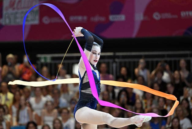 August 14, 2026, xhbx, 2026 Rhythmic Gymnastics World Championships, from left: Darja Varfolomeev, Germany, ribbon; DFL, DFB. REGULATIONS PROHIBIT ANY USE OF PHOTOGRAPHS AS IMAGE SEQUENCES AND OR QUASI-VIDEO. Frankfurt am Main