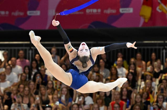August 14, 2026, xhbx, 2026 Rhythmic Gymnastics World Championships, from left: Darja Varfolomeev, Germany, ribbon; DFL, DFB. REGULATIONS PROHIBIT ANY USE OF PHOTOGRAPHS AS IMAGE SEQUENCES AND OR QUASI-VIDEO. Frankfurt am Main