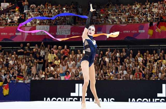 August 14, 2026, xhbx, 2026 Rhythmic Gymnastics World Championships, from left: Darja Varfolomeev, Germany, ribbon; DFL, DFB. REGULATIONS PROHIBIT ANY USE OF PHOTOGRAPHS AS IMAGE SEQUENCES AND OR QUASI-VIDEO. Frankfurt am Main