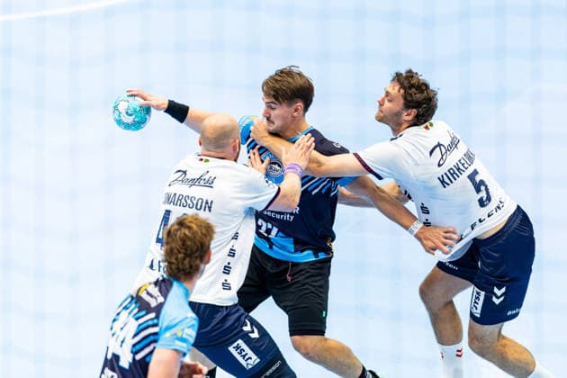 August 14, 2026, GER, Handball, Men, Season 26–27, Wartburg Cup presented by Koetter Security, ThSV Eisenach vs. SG Flensburg-Handewitt, Niclas Kirkelokke (SG Flensburg-Handewitt), Felix Aellen (ThSV Eisenach), 22, Arnar Freyr Arnarsson (SG Flensburg-Handewitt), 99817 Eisenach, Werner Assmann Hall, Am Sportp, Thuringia, Germany