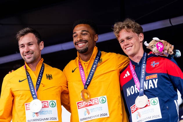 August 14, 2026: Niklas Kaul of Germany, Leo Neugebauer of Germany, and Sander Aae Skotheim of Norway at the medal ceremony following the men’s decathlon on Day 5 of the 2026 European Athletics Championships on August 14, 2026 in Birmingham. Photo by Mathias Bergeld, BILDBYRAN, code MB MT1070. track and field, athletics, friidrett, friidrotts EM, 2026 European Athletics Championships, Day 5, BBENG  Copyright: MATHIASxBERGELD BB260814MB082