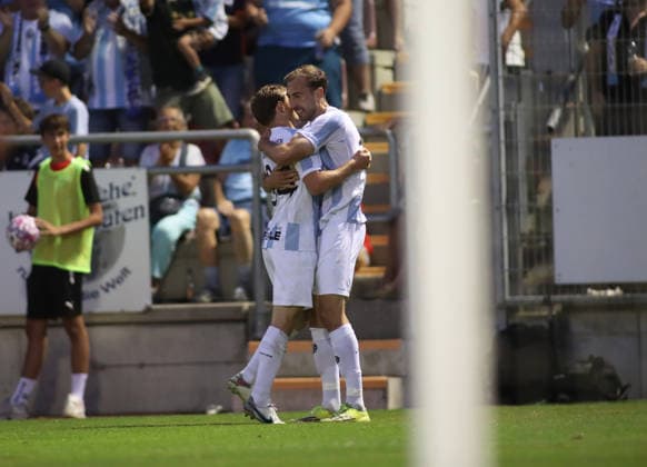 Soccer, Men s, Bavarian Regional League, 2026–2027 Season, FC Memmingen vs. TSV 1860 Munich, at Arena Park in Memmingen Stadium, 0–3, goal by Michael Eberwein of TSV 1860 Munich, celebration