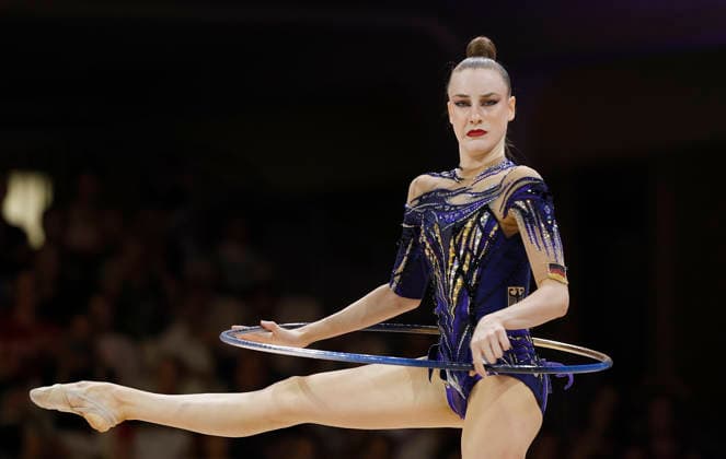 Darja Varfolomeev at the individual all-around final of the 2026 World Rhythmic Gymnastics Championships in Frankfurt am Main, Germany, on August 14, 2026 Copyright: HMBxMedia xHeikoxBecker