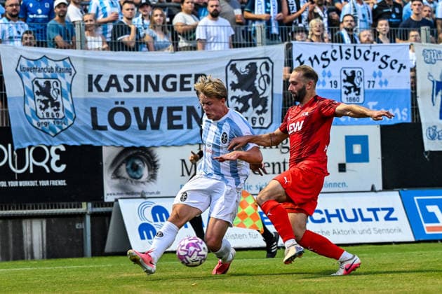 August 14, 2026, GER, Soccer, Men s, Bavarian Regional League, FC Memmingen vs. TSV 1860 Munich; Fabio Wagner (Munich), 9; Kim Bryan Paschek (Memmingen), 18; Memmingen and ArenaPark, Bavaria, Germany Copyright: xNordphotox xHafnerx