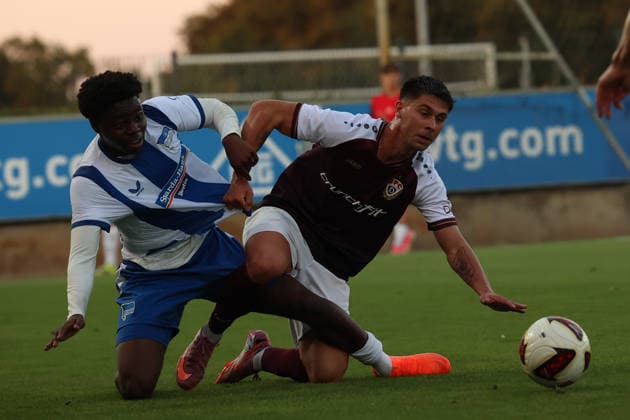 August 14, 2026, Hertha BSC II vs. BFC Dynamo, Regionalliga 2026–2027, Matchday 5: Enoch Oluwajimi Adetokunbo Adelenu (Hertha BSC II), 30, Ben Meyer Noack (BFC Dynamo), 07 Berlin, Berlin, Germany