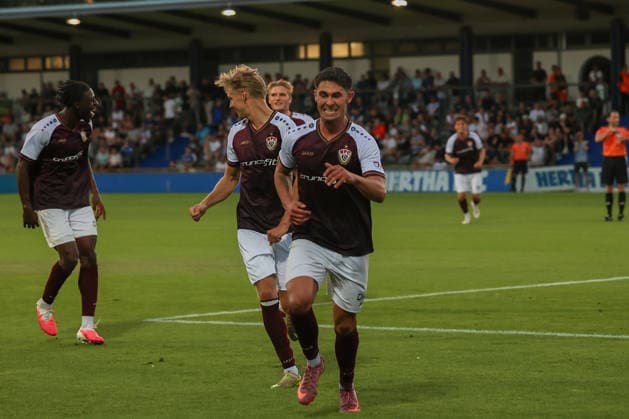 August 14, 2026, Hertha BSC II vs. BFC Dynamo, Regionalliga 2026–2027, Matchday 5: Ben Meyer Noack of BFC Dynamo celebrates after scoring a goal in Berlin, Germany