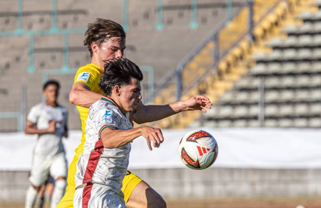 Aris Isa Malaj (FC Augsburg II) 11, up front in a tackle against Elija Härtl (DJK Vilzing) vs. FC Augsburg U23 vs. DJK Vilzing, Matchday 4, Final Score 3–1, Bavarian Regional League, 2026–2027 Season,