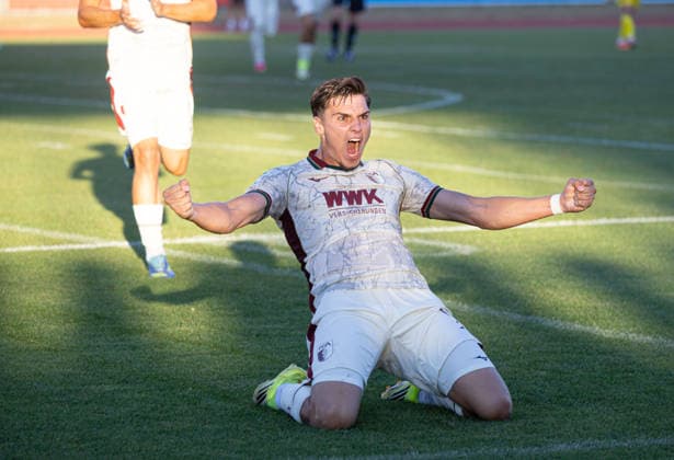 David Dreo of FC Augsburg II 9 celebrates after scoring the goal that sealed the 3–1 final score in the match between FC Augsburg U23 and DJK Vilzing, Matchday 4, final score 3–1, Bavarian Regional League, 2026–2027 season,
