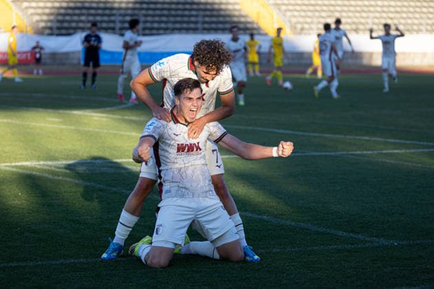 David Dreo (FC Augsburg II 9) celebrates after scoring the goal that sealed the 3–1 final score, alongside Kerim Can Yaman (FC Augsburg II 7) against FC Augsburg U23 and DJK Vilzing, Matchday 4, final score 3–1, Bavarian Regional League, 2026–2027 season,