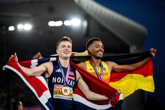 August 14, 2026: Karsten Warholm of Norway and Emil Agyekum of Germany celebrate after the men’s 400-meter hurdles final on Day 5 of the 2026 European Athletics Championships on August 14, 2026 in Birmingham. Photo by Maxim Thore. BILDBYRAN code MT MT1070 track and field athletics friidrett friidrotts em em friidretts em 2026 European Athletics Championships Day 5 bbeng  Copyright: MAXIMxTHORE BB260814MT090