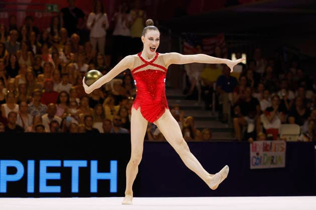 Darja Varfolomeev at the individual all-around final of the 2026 World Rhythmic Gymnastics Championships in Frankfurt am Main, Germany, on August 14, 2026 Copyright: HMBxMedia xHeikoxBecker