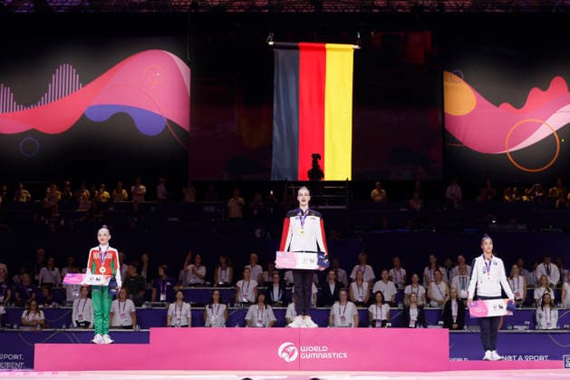 Medal ceremony for the individual all-around final at the 2026 Rhythmic Gymnastics World Championships in Frankfurt am Main, Germany, on August 14, 2026 (from left): Stiliana Nikolova of Bulgaria, bronze, Darja Varfolomeev of Germany, gold, and Sofia Raffaeli of Italy, silver, with their medals and Olympic qualification tickets. Medal ceremony of the individual all-around final at the 2026 Rhythmic Gymnastics World Championships in Frankfurt am Main, Germany, on August 14, 2026; from left to right: Stiliana Nikolova of Bulgaria (bronze), Darja Varfolomeev of Germany (gold), and Sofia Raffaeli of Italy (silver), with their medals and Olympic qualification tickets Copyright: HMBxMedia xHeikoxBecker