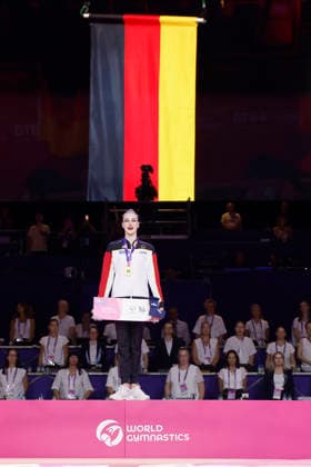 Medal Ceremony for the Individual All-Around Final at the 2026 Rhythmic Gymnastics World Championships in Frankfurt am Main, Germany, on August 14, 2026. Darja Varfolomeev of Germany, gold, with her medal and Olympic qualification ticket. Medal ceremony of the individual all-around final at the 2026 Rhythmic Gymnastics World Championships in Frankfurt am Main, Germany, on August 14, 2026; from left to right: Stiliana Nikolova of Bulgaria, bronze; Darja Varfolomeev of Germany, gold; and Sofia Raffaeli of Italy, silver, with their medals and Olympic qualification tickets Copyright: HMBxMedia xHeikoxBecker