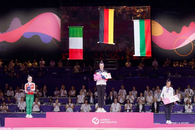 Medal ceremony for the individual all-around final at the 2026 Rhythmic Gymnastics World Championships in Frankfurt am Main, Germany, on August 14, 2026 (from left): Stiliana Nikolova of Bulgaria, bronze, Darja Varfolomeev of Germany, gold, and Sofia Raffaeli of Italy, silver, with their medals and Olympic qualification tickets. Medal ceremony of the individual all-around final at the 2026 Rhythmic Gymnastics World Championships in Frankfurt am Main, Germany, on August 14, 2026; from left to right: Stiliana Nikolova of Bulgaria (bronze), Darja Varfolomeev of Germany (gold), and Sofia Raffaeli of Italy (silver), with their medals and Olympic qualification tickets Copyright: HMBxMedia xHeikoxBecker