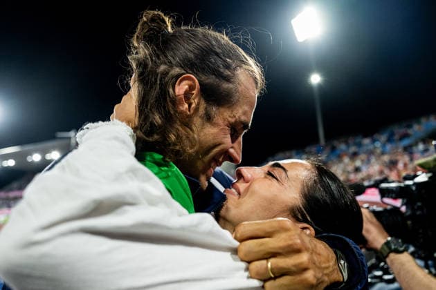 August 14, 2026: Gianmarco Tamberi of Italy celebrates with his girlfriend after the men’s high jump final on Day 5 of the 2026 European Athletics Championships on August 14, 2026 in Birmingham. Photo by Mathias Bergeld. BILDBYRAN code MB MT1070. track and field, athletics, friidrett, friidrotts EM, 2026 European Athletics Championships, Day 5, BBENG  Copyright: MATHIASxBERGELD BB260814MB151