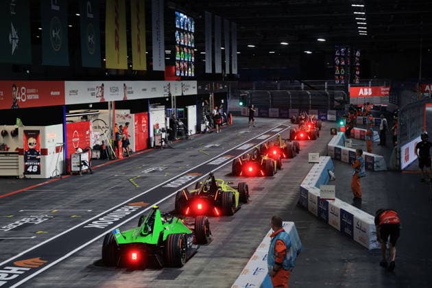 Several different Gen3 Evo race cars exiting the pits for Free Practice 1, FIA Formula E World Championship, Season 12, London E-Prix, August 14, 2026, Envision, Andretti, DS Penske, and Mahindra