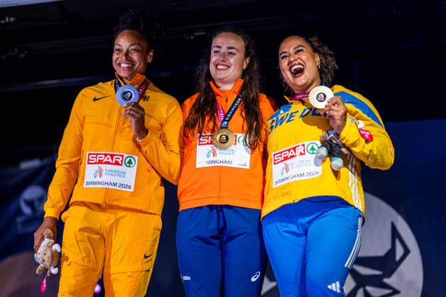 August 14, 2026: Shanice Craft of Germany, Jorinde van Klinken of the Netherlands, and Vanessa Kamga of Sweden at the medal ceremony following the women’s discus throw final on Day 5 of the 2026 European Athletics Championships on August 14, 2026 in Birmingham. Photo by Mathias Bergeld. BILDBYRAN code MB MT1070. track and field, athletics, friidrett, friidrotts EM, 2026 European Athletics Championships, Day 5, bbeng  Copyright: MATHIASxBERGELD BB260814MB172
