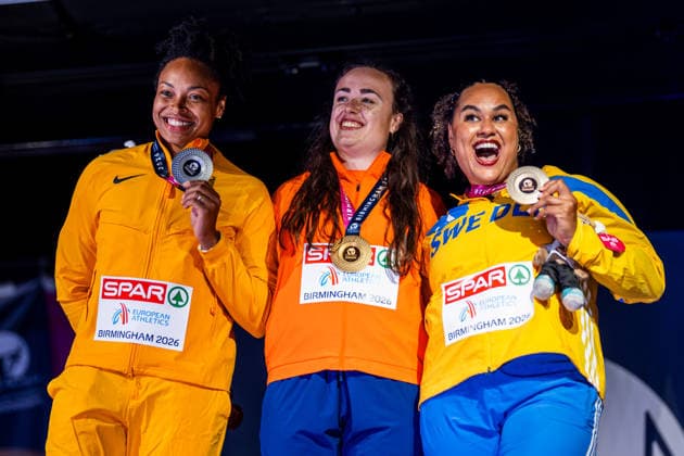 August 14, 2026: Shanice Craft of Germany, Jorinde van Klinken of the Netherlands, and Vanessa Kamga of Sweden at the medal ceremony following the women’s discus throw final on Day 5 of the 2026 European Athletics Championships on August 14, 2026 in Birmingham. Photo by Mathias Bergeld. BILDBYRAN code MB MT1070. track and field, athletics, friidrett, friidrotts EM, 2026 European Athletics Championships, Day 5, bbeng  Copyright: MATHIASxBERGELD BB260814MB174