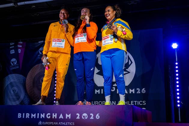 August 14, 2026: Shanice Craft of Germany, Jorinde van Klinken of the Netherlands, and Vanessa Kamga of Sweden at the medal ceremony following the women’s discus throw final on Day 5 of the 2026 European Athletics Championships on August 14, 2026 in Birmingham. Photo by Mathias Bergeld. BILDBYRAN code MB MT1070. track and field, athletics, friidrett, friidrotts EM, 2026 European Athletics Championships, Day 5, bbeng  Copyright: MATHIASxBERGELD BB260814MB176