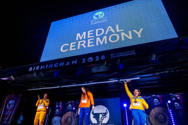 August 14, 2026: Shanice Craft of Germany, Jorinde van Klinken of the Netherlands, and Vanessa Kamga of Sweden at the medal ceremony following the women’s discus throw final on Day 5 of the 2026 European Athletics Championships on August 14, 2026 in Birmingham. Photo by Mathias Bergeld. BILDBYRAN code MB MT1070. track and field, athletics, friidrett, friidrotts EM, 2026 European Athletics Championships, Day 5, bbeng  Copyright: MATHIASxBERGELD BB260814MB177