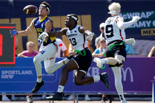 Düsseldorf, Germany, IFAF World Flag 2026 World Championship in Men’s and Women’s Flag Football—Olympic Qualifier—LA, August 14, 2026—Flag Football Complex in Düsseldorf-Garath, Germany—Brazil, December 28—Yan Ferreira Mundim BRICIO (BRA) and Junior Osarhunmen NKEMBI ASEL (G)ER 2 v re