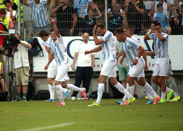Soccer, Men s, Bavarian Regional League, 2026–2027 Season, FC Memmingen vs. TSV 1860 Munich, at Arena Park in Memmingen Stadium; 0–2 goal by Lance Fiedler of TSV 1860 Munich; celebration, joy