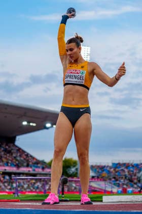 BIRMINGHAM, GREAT BRITAIN - AUGUST 14, 2026 : Sandrina SPRENGEL (GER Germany) competing in the shot put in the heptathlon during the European Athletics Championships at Alexander Stadium on August 14, 2026 in Birmingham, Great Britain. Great Britain Copyright: xLeahxKohringx