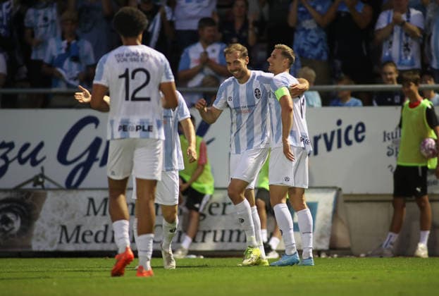 Soccer, Men s, Bavarian Regional League, 2026–2027 Season, FC Memmingen vs. TSV 1860 Munich, at Arena Park in Memmingen Stadium, 0–3, goal by Michael Eberwein of TSV 1860 Munich, celebration with Dennis Dressel of TSV 1860 Munich