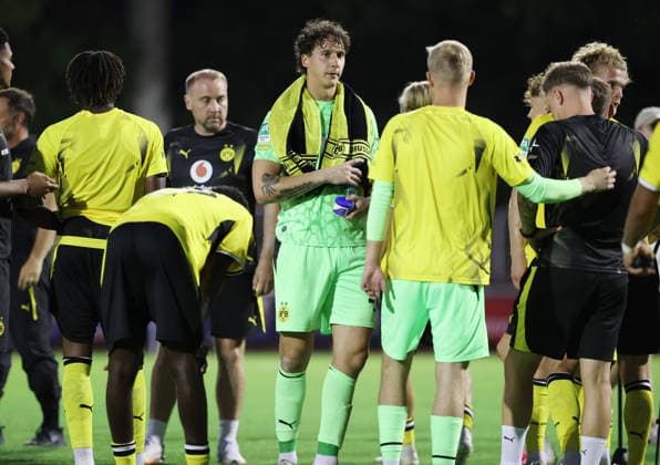 Friday, August 14, 2026, 2026–27 season, Matchday 3 of the Regionalliga West at the Belkaw Arena in Bergisch Gladbach, SV Bergisch Gladbach 09 vs. BVB 09 Borussia Dortmund II, Celebrations after the final whistle: Silas Osztrinski, goalkeeper, BVB II