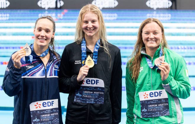 European Aquatics Championships Swimming Day 5 Angharad Evans, Evgeniia Chikunova, Mona Mc Sharry during European Aquatics Championships Swimming Day 5 in Paris, France, on August 14, 2026 Paris France  Copyright: xFotoxOlimpikx originalFilename:jastrzebowski-european260814_np5aL