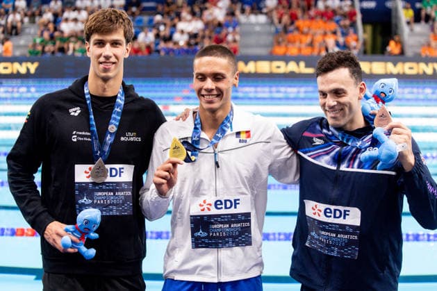 European Aquatics Championships Swimming Day 5 Tomas Navikonis, David Popovici, James Guy during European Aquatics Championships Swimming Day 5 in Paris, France, on August 14, 2026 Paris France  Copyright: xFotoxOlimpikx originalFilename:jastrzebowski-european260814_npck7