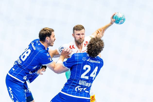 August 14, 2026, GER, Handball, Men, Season 26–27, Wartburg Cup presented by Koetter Security, SC Magdeburg vs. TVB Lemgo Lippe, Hendrik Wagner (TVB Lemgo Lippe), Philipp Weber (SC Magdeburg), Joel Willecke (TVB Lemgo Lippe), 99817 Eisenach, Werner Assmann Hall, Am Sportpark, Thuringia, Germany
