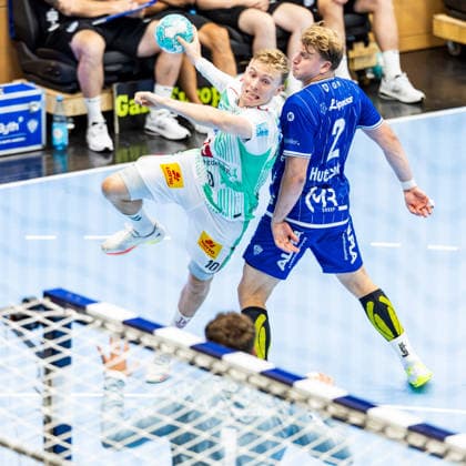 August 14, 2026, GER, Handball, Men, 2026–2027 Season, Wartburg Cup presented by Koetter Security, SC Magdeburg vs. TVB Lemgo Lippe, Lukas Hutecek (TVB Lemgo Lippe), Gisli Thorgeir Kristjansson (SC Magdeburg), 99817 Eisenach, Werner Assmann, Halle Am Sportpark, Thuringia, Germany