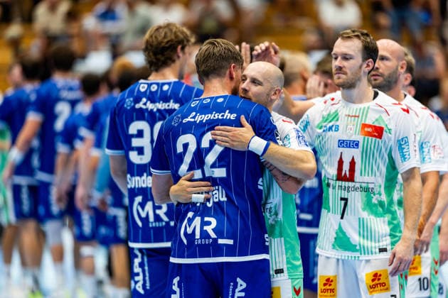 August 14, 2026, GER, Handball, Men, 2026–2027 Season, Wartburg Cup presented by Koetter Security, SC Magdeburg vs. TBV Lemgo Lippe, Adam Nyfjaell (TVB Lemgo Lippe), Daniel Pettersson (SC Magdeburg), 99817 Eisenach, Werner Assmann, Halle Am Sportpark, Thuringia, Germany