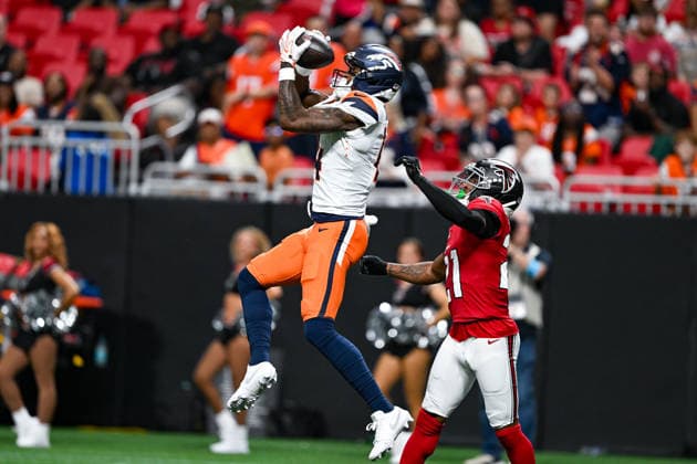 ATLANTA, GA - AUGUST 14: Denver wide receiver Courtland Sutton (14) catches a pass during the NFL, American Football Herren, USA pre-season game between the Denver Broncos and the Atlanta Falcons on August 14th, 2026 at Mercedes-Benz Stadium in Atlanta, GA. (Photo by Rich von Biberstein Icon Sportswire) NFL: AUG 14 Broncos at Falcons EDITORIAL USE ONLY Icon260814003