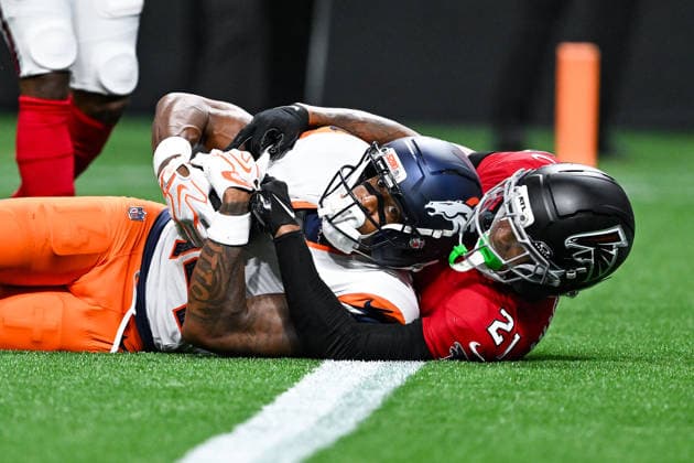 ATLANTA, GA - AUGUST 14: Denver wide receiver Courtland Sutton (14) reacts after catching a pass on the goal line during the NFL, American Football Herren, USA pre-season game between the Denver Broncos and the Atlanta Falcons on August 14th, 2026 at Mercedes-Benz Stadium in Atlanta, GA. (Photo by Rich von Biberstein Icon Sportswire) NFL: AUG 14 Broncos at Falcons EDITORIAL USE ONLY Icon260814004