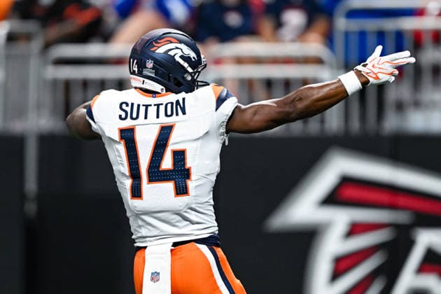 ATLANTA, GA - AUGUST 14: Denver wide receiver Courtland Sutton (14) reacts during the NFL, American Football Herren, USA pre-season game between the Denver Broncos and the Atlanta Falcons on August 14th, 2026 at Mercedes-Benz Stadium in Atlanta, GA. (Photo by Rich von Biberstein Icon Sportswire) NFL: AUG 14 Broncos at Falcons EDITORIAL USE ONLY Icon260814005