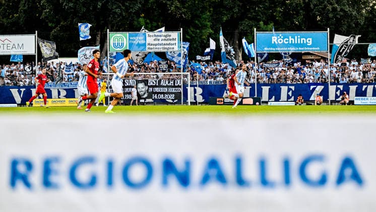 August 14, 2026, GER, Soccer, Men s, Bavarian Regional League, FC Memmingen vs. TSV 1860 Munich; game scene above the Regionalliga logo; stock photo; thematic photo; Memmingen and ArenaPark, Bavaria, Germany Copyright: xNordphotox xHafnerx