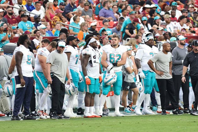 August 14, 2026, Landover, Maryland, USA: An NFL, American Football Herren, USA preseason game between the Washington Commanders and Miami Dolphins was played at Northwest Stadium on Friday, August 14, 2026; Landover, Maryland, USA. Landover USA - ZUMAs325 20260814_zsp_s325_059 Copyright: xJessxStilesx