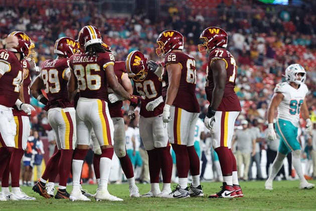 August 14, 2026, Landover, Maryland, USA: An NFL, American Football Herren, USA preseason game between the Washington Commanders and Miami Dolphins was played at Northwest Stadium on Friday, August 14, 2026; Landover, Maryland, USA. Landover USA - ZUMAs325 20260814_zsp_s325_117 Copyright: xJessxStilesx