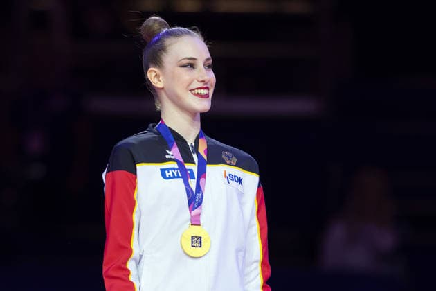 Rhythmic Gymnastics World Championships Award Ceremony: World Champion Darja Varfolomeev, Germany Rhythmic Gymnastics World Championships, August 11–16 at the Festhalle in Frankfurt am Main Individual All-Around Final, Places 1–9, Frankfurt am Main, Hesse, Germany, Festhalle