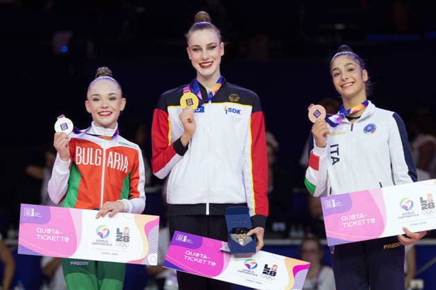 Rhythmic Gymnastics World Championships Award Ceremony From left: Stiliana Nikolova of Bulgaria, World Champion Darja Varfolomeev (Germany), and Sofia Raffaeli (Italy). Rhythmic Gymnastics World Championships, August 11–16 at the Festhalle in Frankfurt am Main. Individual All-Around Final, places 1–9, Frankfurt am Main, Hesse, Germany, Festhalle