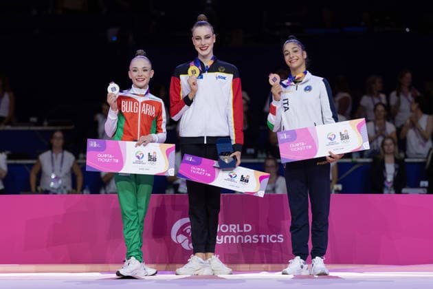Rhythmic Gymnastics World Championships Award Ceremony From left: Stiliana Nikolova of Bulgaria, World Champion Darja Varfolomeev (Germany), and Sofia Raffaeli (Italy). Rhythmic Gymnastics World Championships, August 11–16 at the Festhalle in Frankfurt am Main. Individual All-Around Final, Places 1–9, Frankfurt am Main, Hesse, Germany, Festhalle