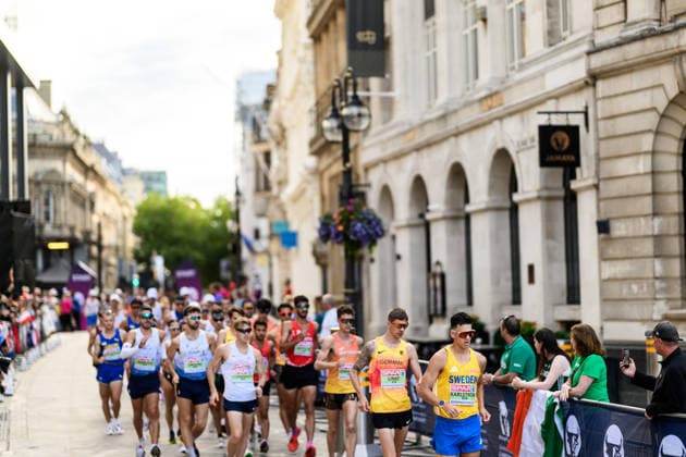 August 15, 2026: Perseus Karlström of Sweden competes in the men’s half marathon race walk during Day 6 of the 2026 European Athletics Championships on August 15, 2026 in Birmingham. Photo by Mathias Bergeld, BILDBYRAN, code MB MT1071. track and field, athletics, friidrett, friidrotts EM, 2026 European Athletics Championships, Day 6, BBENG, race walk, gang  Copyright: MATHIASxBERGELD BB260815MB007