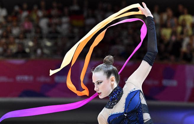 August 14, 2026, xhbx, 2026 Rhythmic Gymnastics World Championships, from left: Darja Varfolomeev, Germany, ribbon, Frankfurt am Main