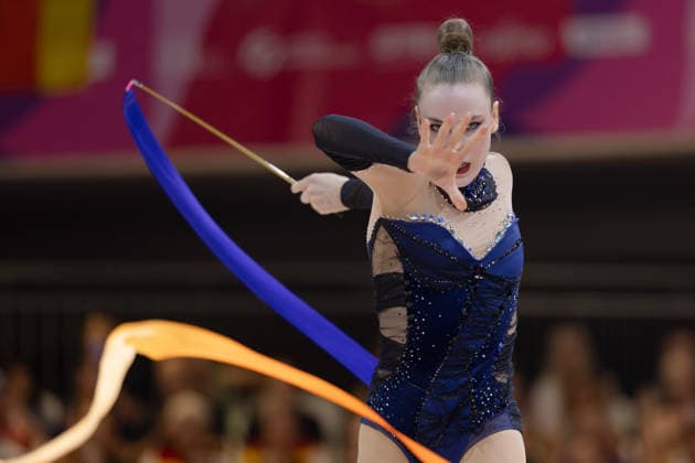 Rhythmic Gymnastics World Championships: Darja Varfolomeev of Germany during her ribbon routine. Rhythmic Gymnastics World Championships, August 11–16 at the Festhalle in Frankfurt am Main. Individual All-Around Final, places 1 through 9, Frankfurt am Main, Hesse, Germany, Festhalle