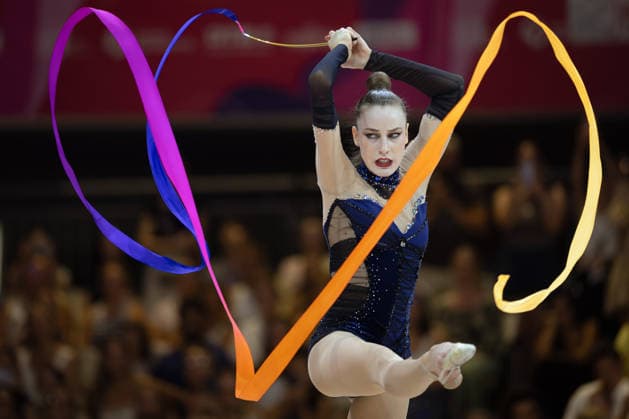 Rhythmic Gymnastics World Championships: Darja Varfolomeev of Germany during her ribbon routine. Rhythmic Gymnastics World Championships, August 11–16 at the Festhalle in Frankfurt am Main. Individual All-Around Final, places 1 through 9, Frankfurt am Main, Hesse, Germany, Festhalle